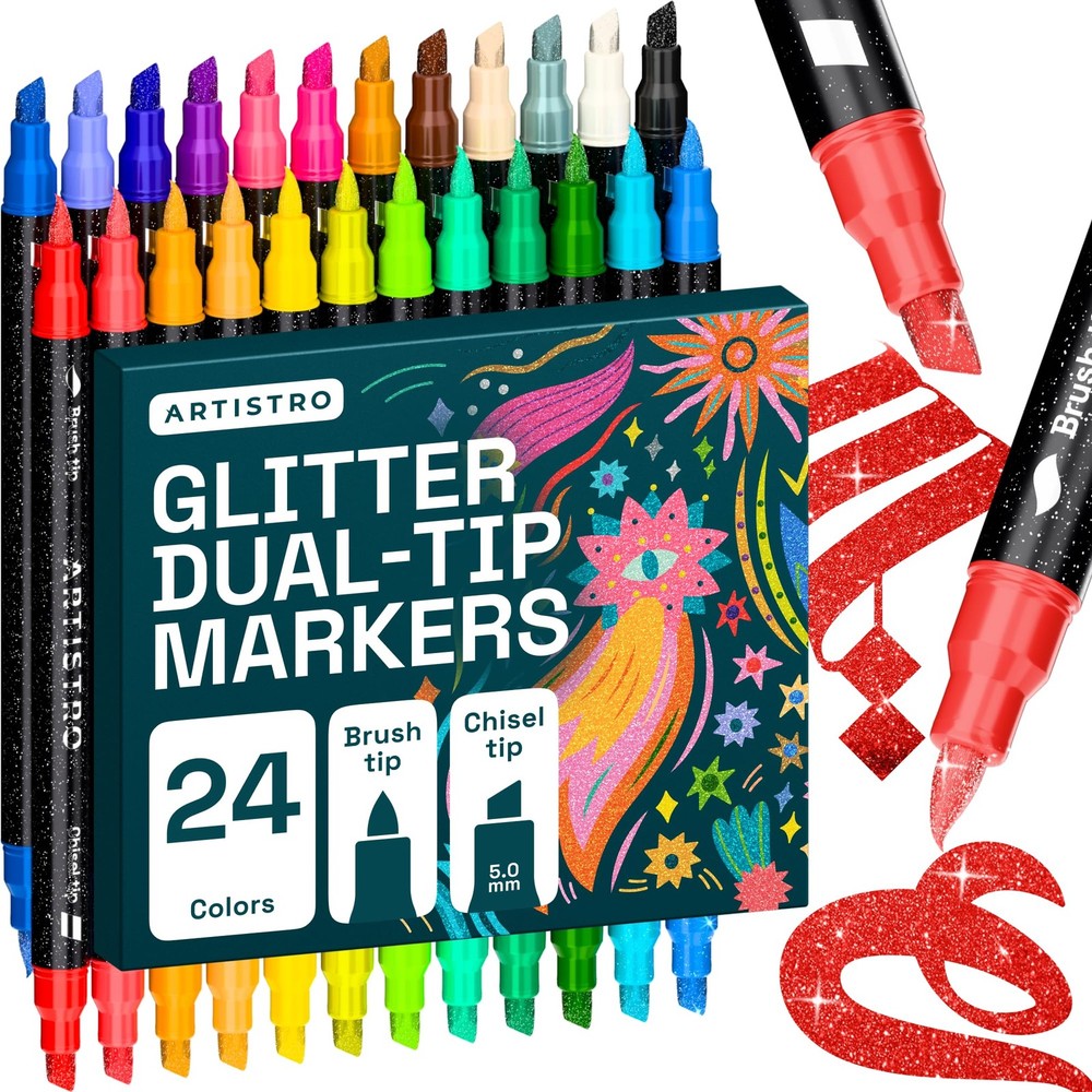 24 Sparkly Glitter Dual-Tip Paint Pens – Dazzling Markers with Acrylic Ink fo…