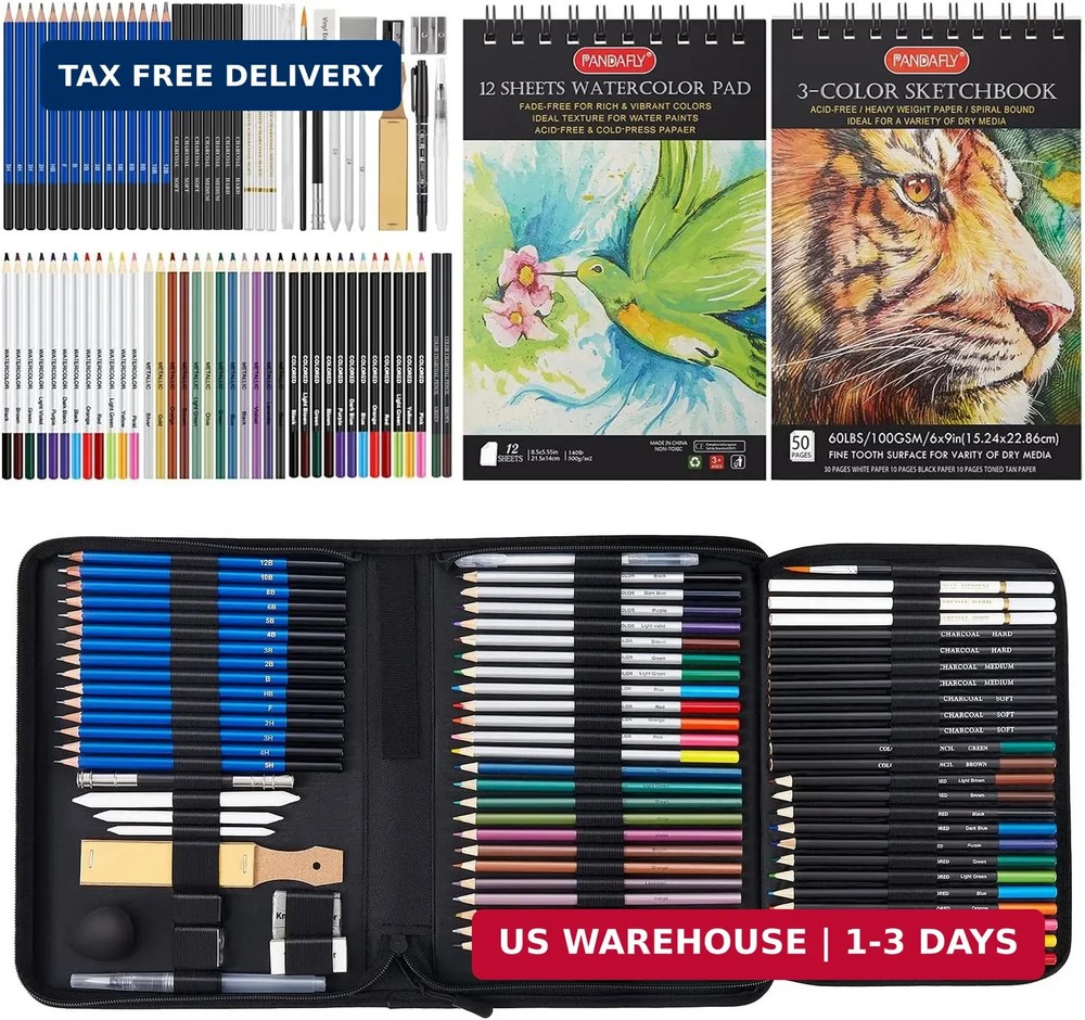 PANDAFLY 80 Pack Drawing Set Sketching Kit, Pro Art Supplies with 3-Color Sketch