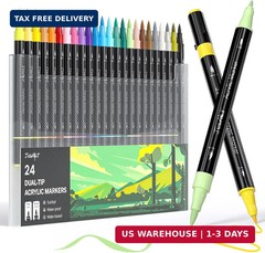 JusArt 24 Colors Dual Tip Acrylic Paint Pens Markers, Brush and Fine Tip, Premiu