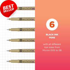 Pigma Micron Fineliner Pens Black Ink Assorted Tips 6 Pack Drawing
