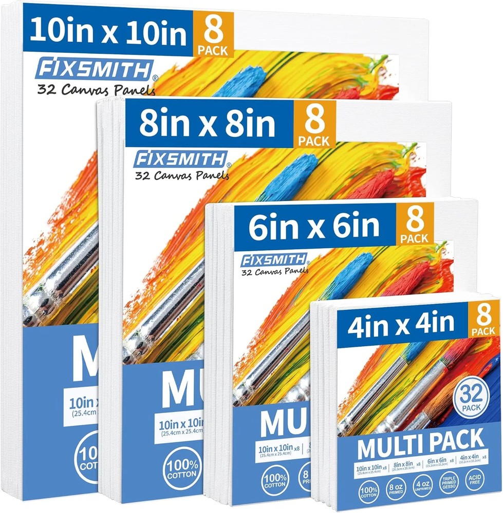 FIXSMITH Canvas Boards for Painting, Multi Pack- 4×4,6×6,8×8,10×10 (8 of Each),3