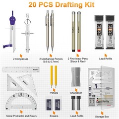 Nicpro 20PCS Professional Geometry Set with Case, Drafting Medium, Silver