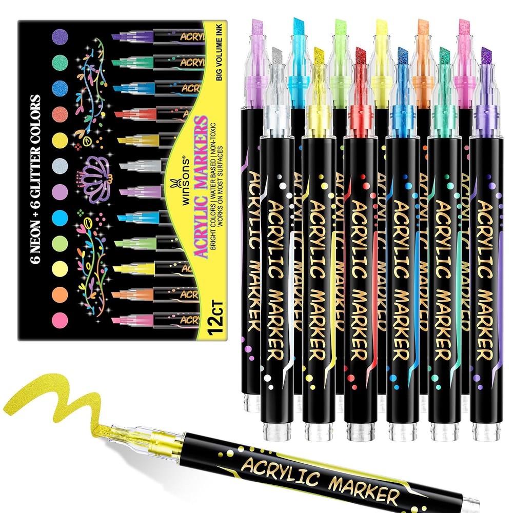 Acrylic Paint Markers 12 Colors Set Glitter Neon Fluorescent Colorful Art