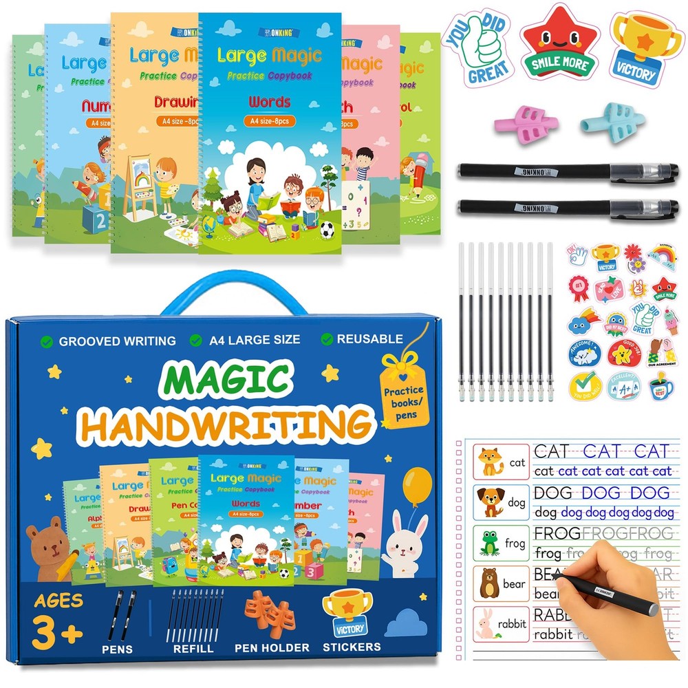 5 PCS Large Magic Practice Copybook Kids Handwriting Grooved Pen Age 38 Set