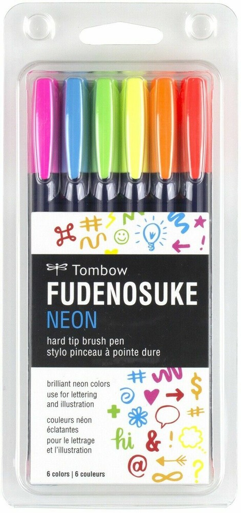 Tombow Fudenosuke Neon Brush Pen, 6-Pack. Hard Tip Fudenosuke Brush Pens