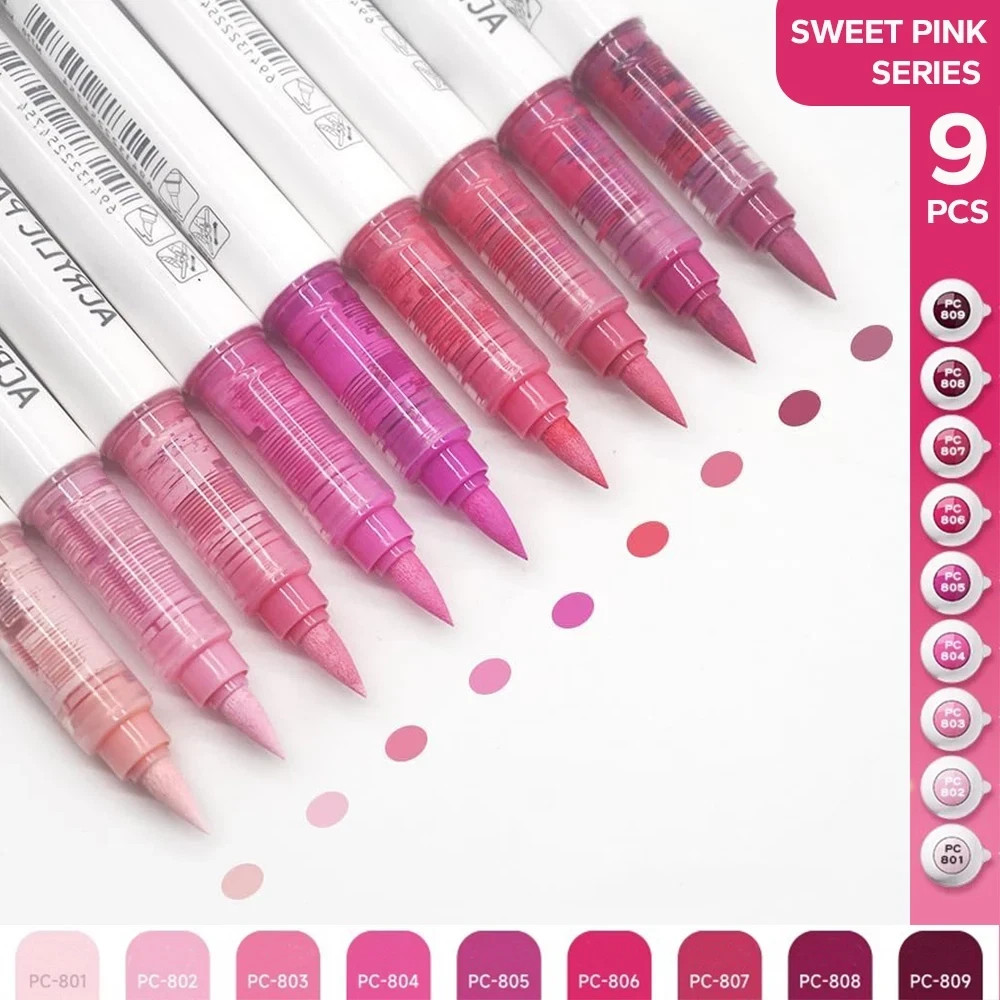 NEW 9pcs Acrylic Brush Markers Set Pro Colors with Auto Ink Control for Art DIY