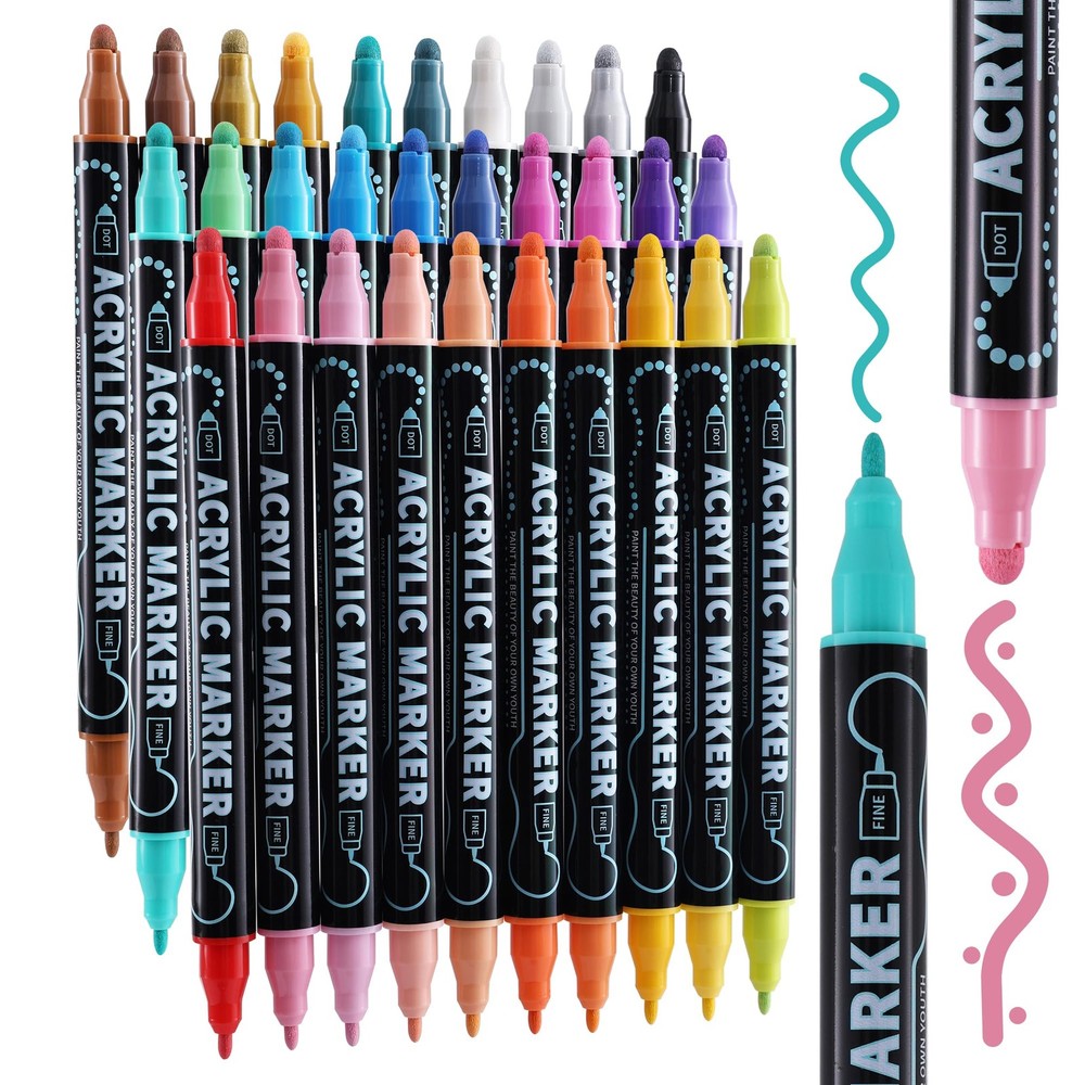 30 Colors Dual Tip Acrylic Paint Markers, Dot & Fine Tip Acrylic Paint Pens f…
