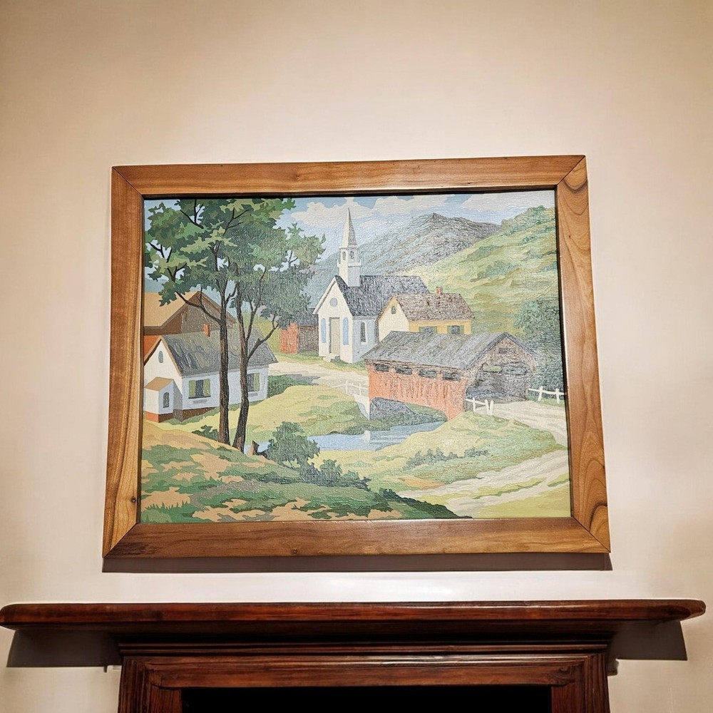 Vintage Paint By Number White Church Valley Red Covered Bridge Framed 22wx18.5l