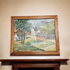 Vintage Paint By Number White Church Valley Red Covered Bridge Framed 22wx18.5l