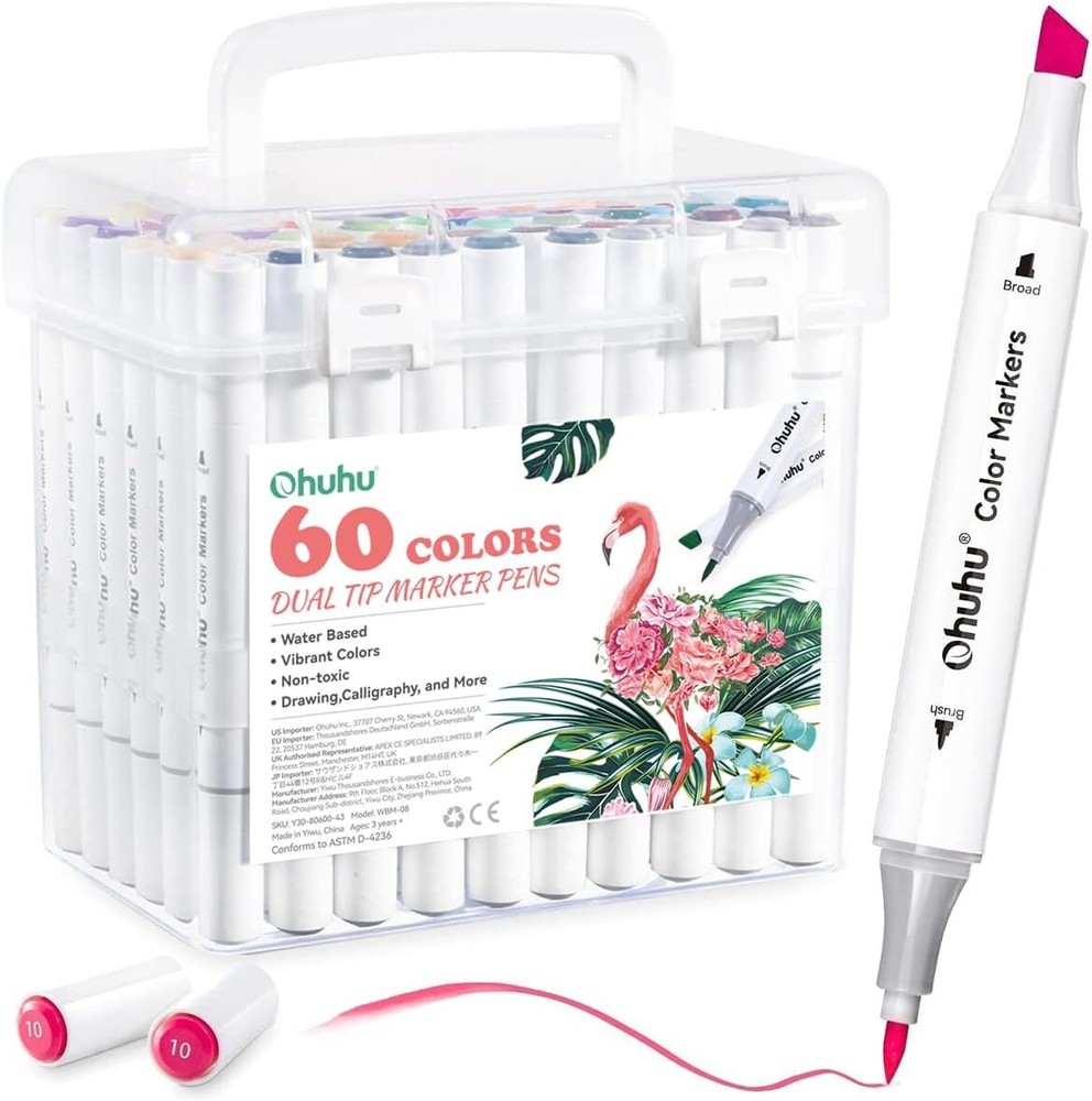 Ohuhu Markers 60 Colors Water-based Chisel & Brush Art Markers for Beginners