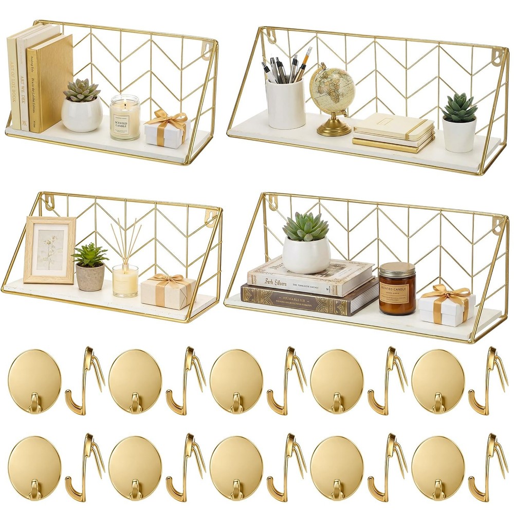 Maxdot Floating Shelves Wall Mounted Set of 4 with 24 Cubicle Hooks, Rustic W…
