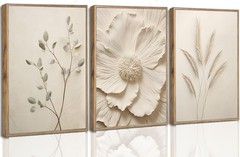 Framed 3D Textured 3Pcs Neutral Beige Floral Plant Canvas Wall art Textured F…