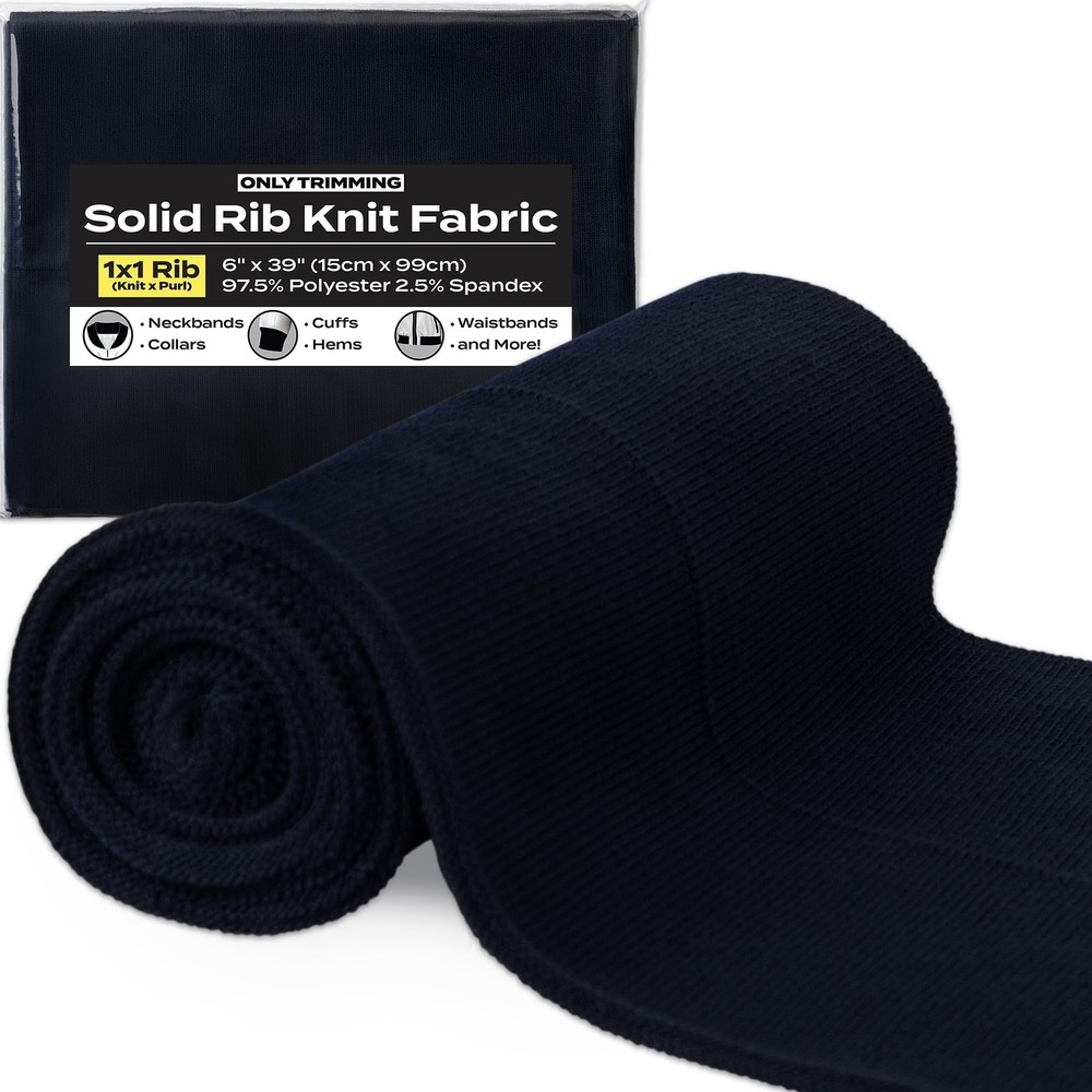 1×1 Solid Rib Knit Fabric Stretchy Ribbing Cuffs Navy 6 x 39 Inches