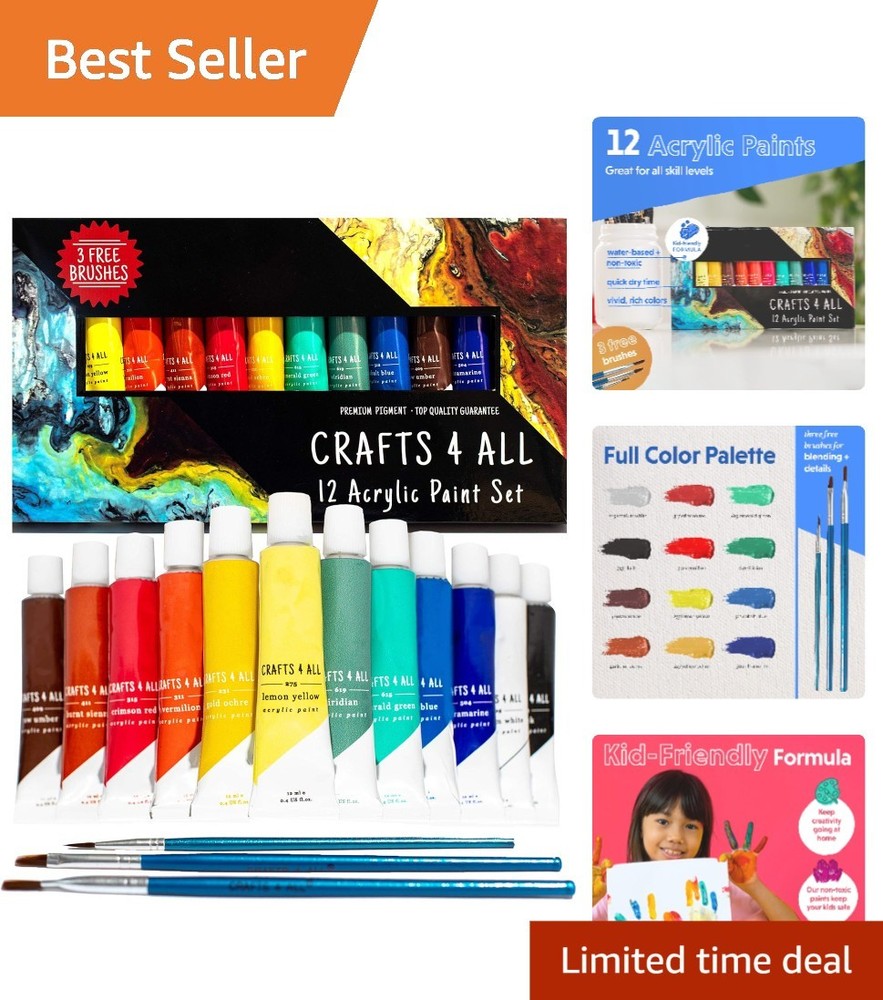 Easy-to-Blend Acrylic Paint Set – 12 Vivid Colors with Brushes for Art Projects