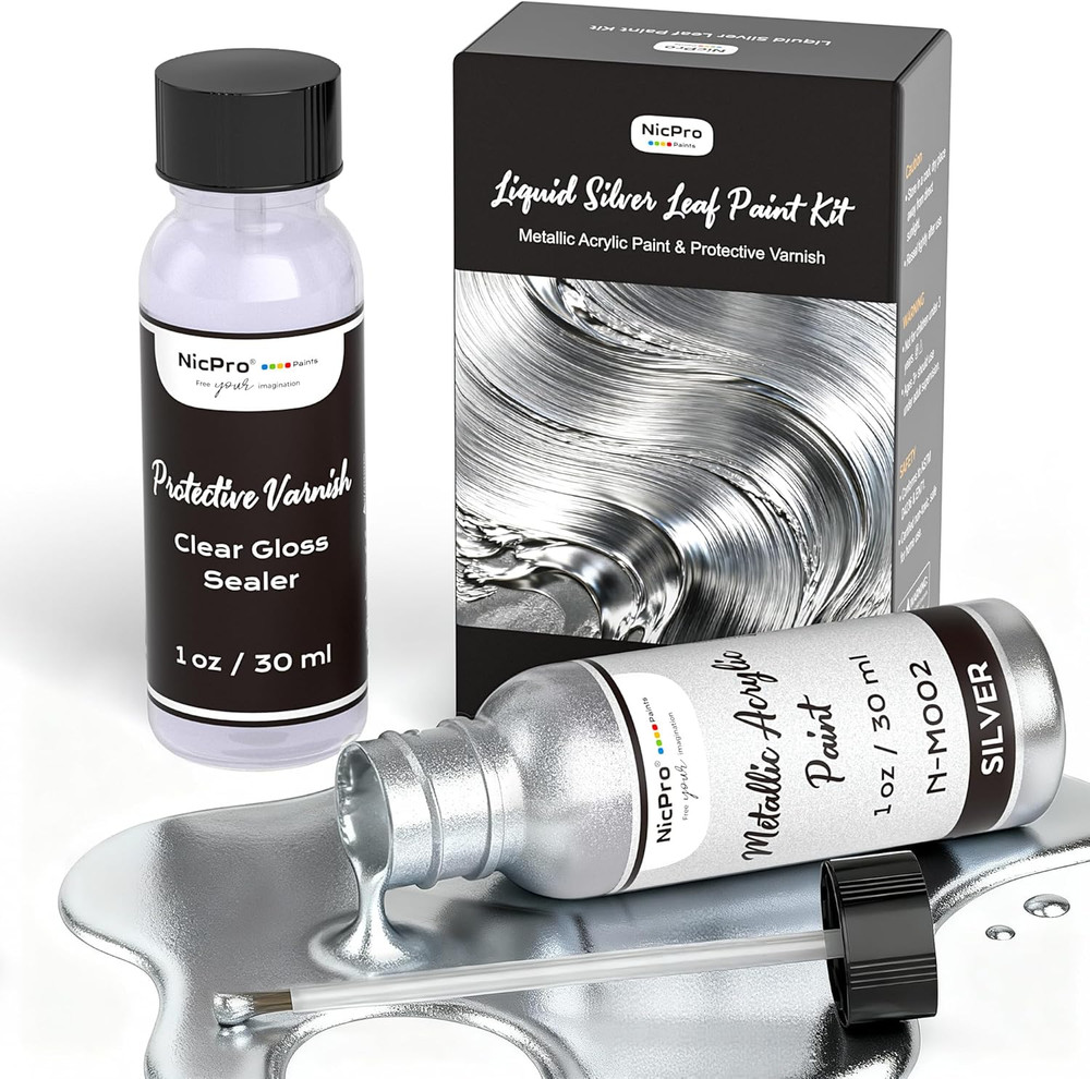 Liquid Silver Leaf Paint Kit 2x1Oz Metallic Acrylic Non-Toxic Chrome for Crafts
