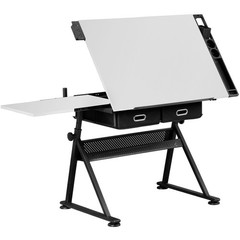 Adjustable Height Drafting Drawing Table Tiltable Tabletop Edge Stopper White