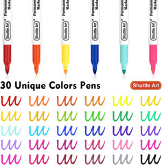 Shuttle Art 30 Colors Permanent Markers, Fine Point, Assorted Colors, Works on P
