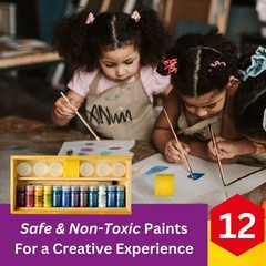 Complete Paint Set – 12 Colors, in Wooden Storage , Includes 2 Natural Brushe…
