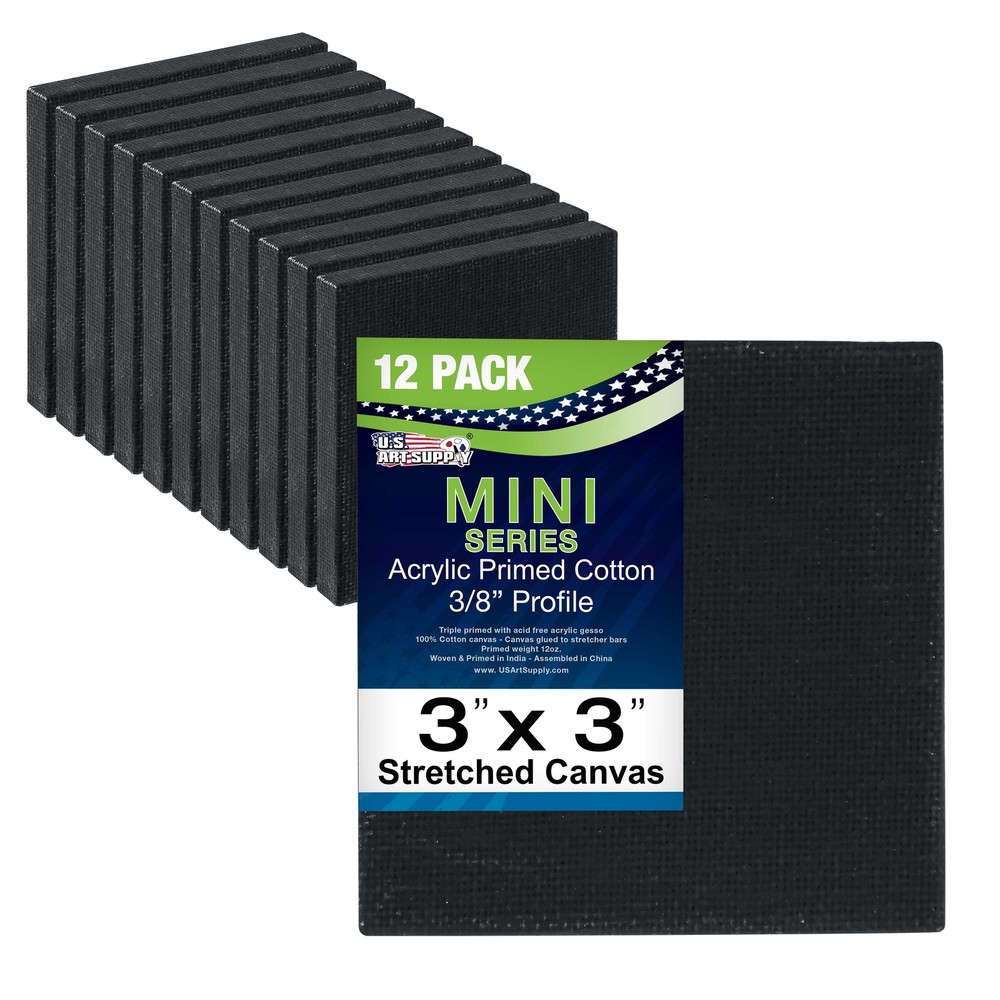 3″ x 3″ BLACK Mini Professional Primed Artist Craft Stretched Canvas Pack of 12