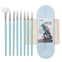 8 Pcs Blue Paint Brushes Set, Acrylic, Oil, Gouache, Flat, Round, Fan, Liner