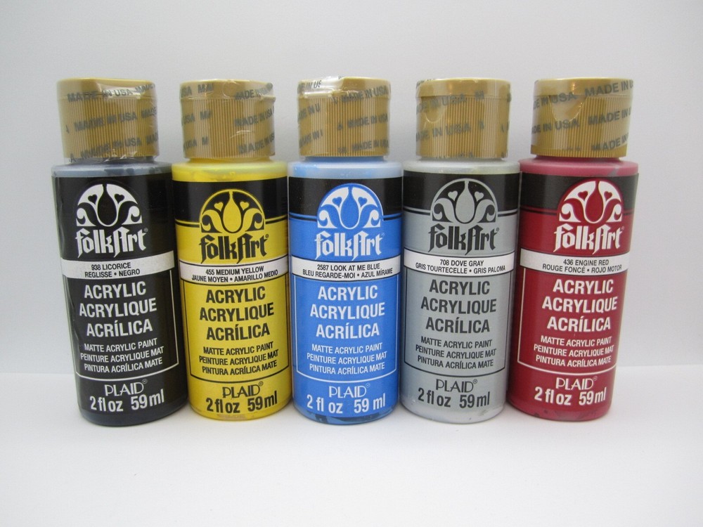 Lot of 5 New Sealed Folkart Acrylic Yellow/Black/Gray/Red/Blue Paint