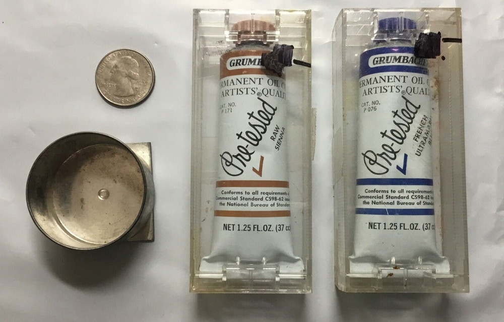 New 2 Grumbacher Vtg Pre-Tested Artist Oil Paint Tubes Blue -Sienna + pallet cup
