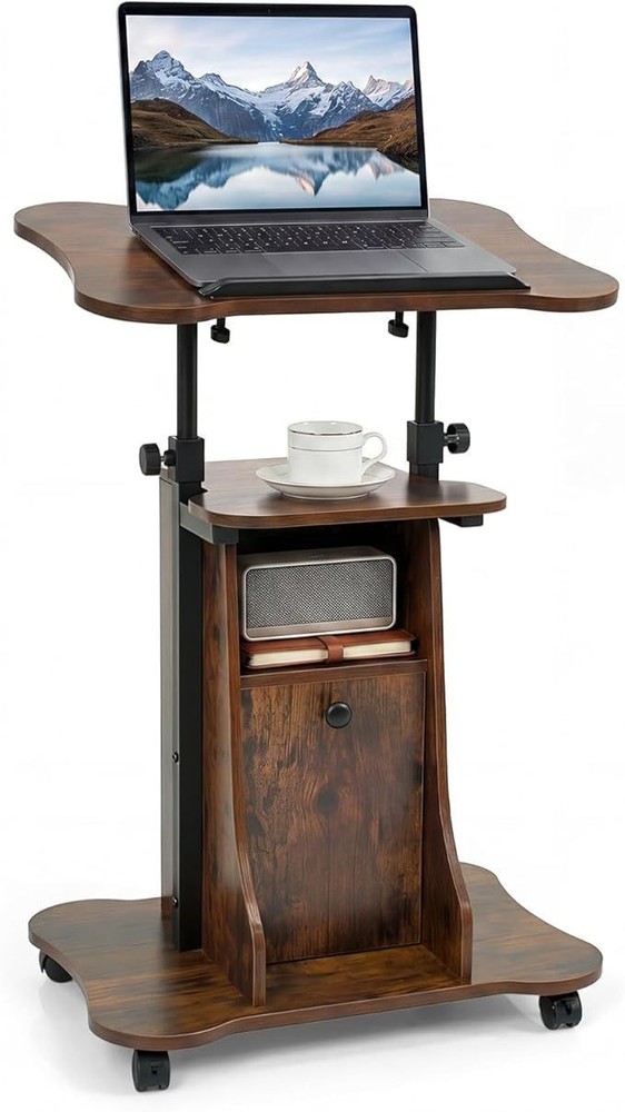 Adjustable Mobile Standing Desk Cart with Tilt Desktop and Cabinet-Rustic Brown