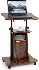 Adjustable Mobile Standing Desk Cart with Tilt Desktop and Cabinet-Rustic Brown