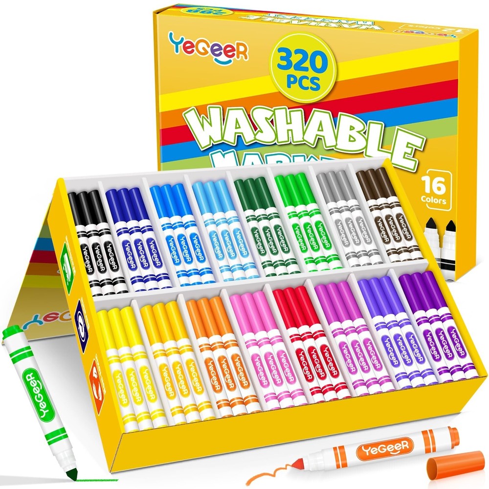 320 Count Washable Markers Bulk – 16 Assorted Colors, Broad Tip Markers fo