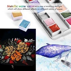 12 Color Metallic Glitter Watercolor Paints Set 2 Brushes 2 Color Cards Bag