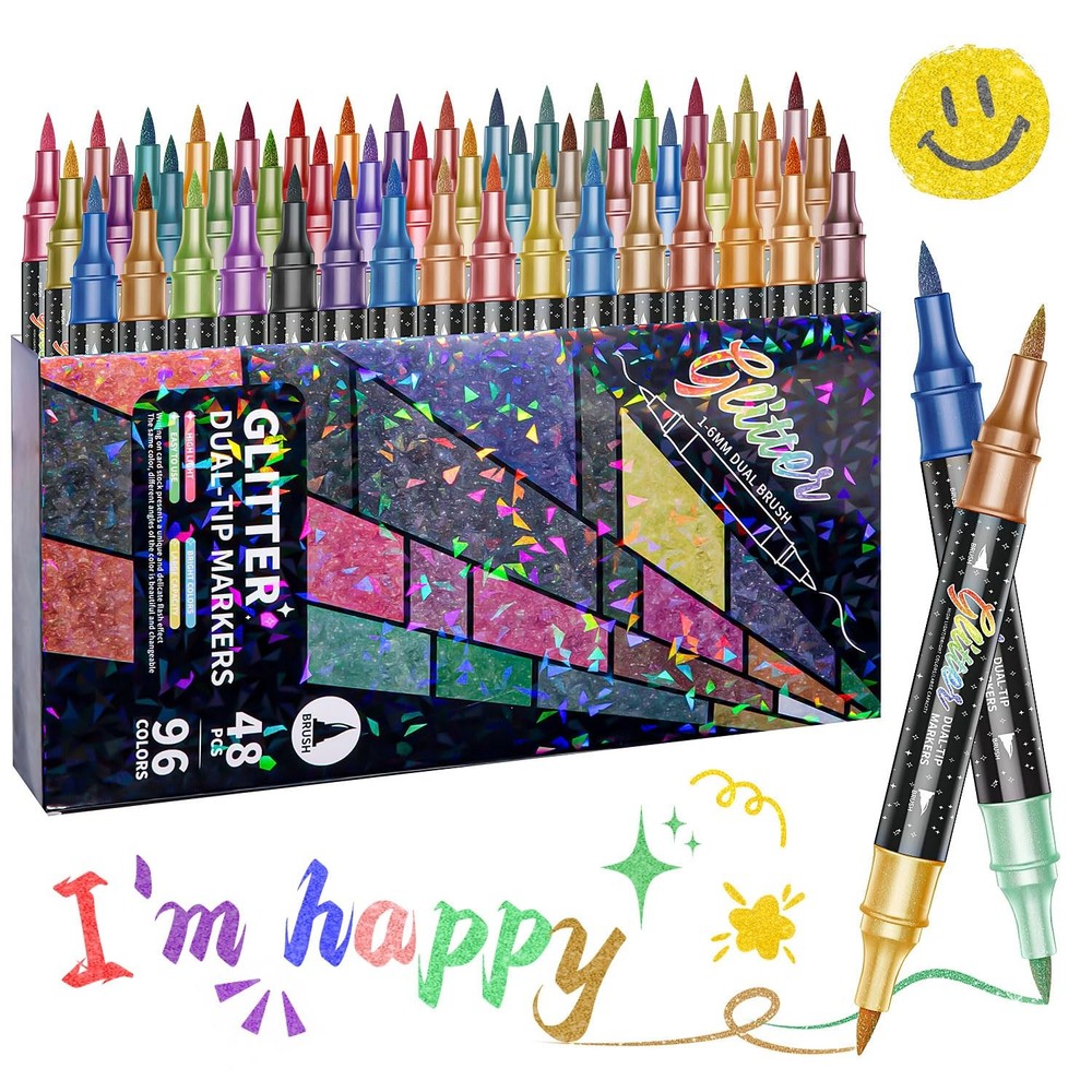 96 Colors Dual Tip Glitter Markers for Adults, 48 Pack Glitter Paint Pens wit…