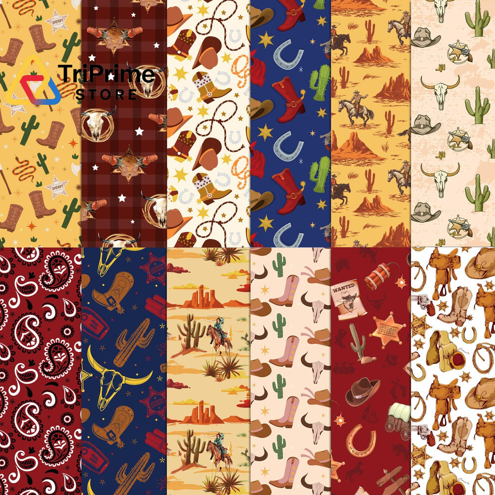24 Sheets Western Cowboy Scrapbook Paper 12 inches x 12 inches, multicolored