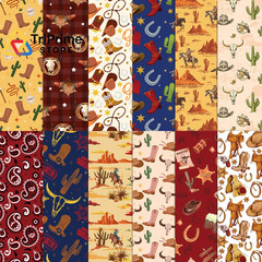24 Sheets Western Cowboy Scrapbook Paper 12 inches x 12 inches, multicolored