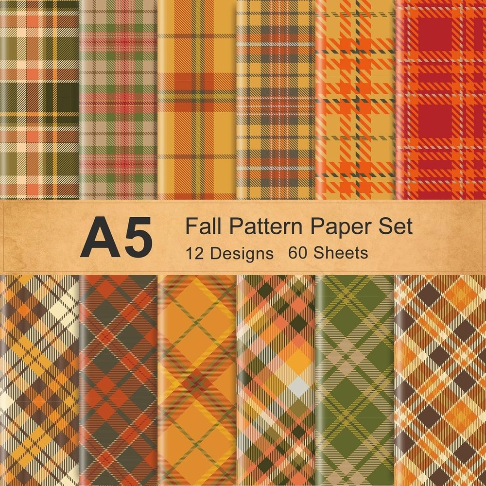 60 Sheets Fall Plaid Pattern Paper A5 Size Double-Sided Craft Paper for Autumn H