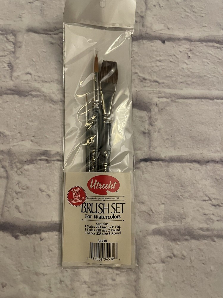 Utrecht Acrylic Brush Set For Watercolors of 3 New Sealed Round/Flat