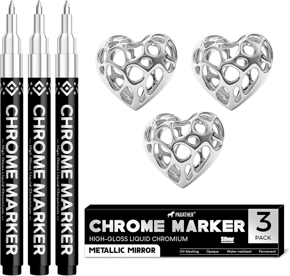Pagather 3Pcs Chrome Paint Markers, Silver Permanent Mirror Liquid Chrome Pens f