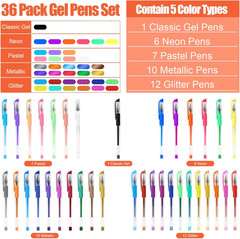 36 Colors Gel Pens Set for Adult Coloring Books, Colored Gel Marker with 40% Mor