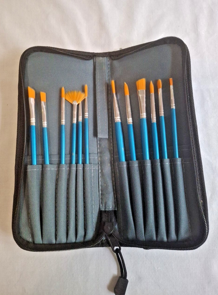 Nylon Hair Paint Brush Set with Carry Case – 12-pc Long Blue Handle