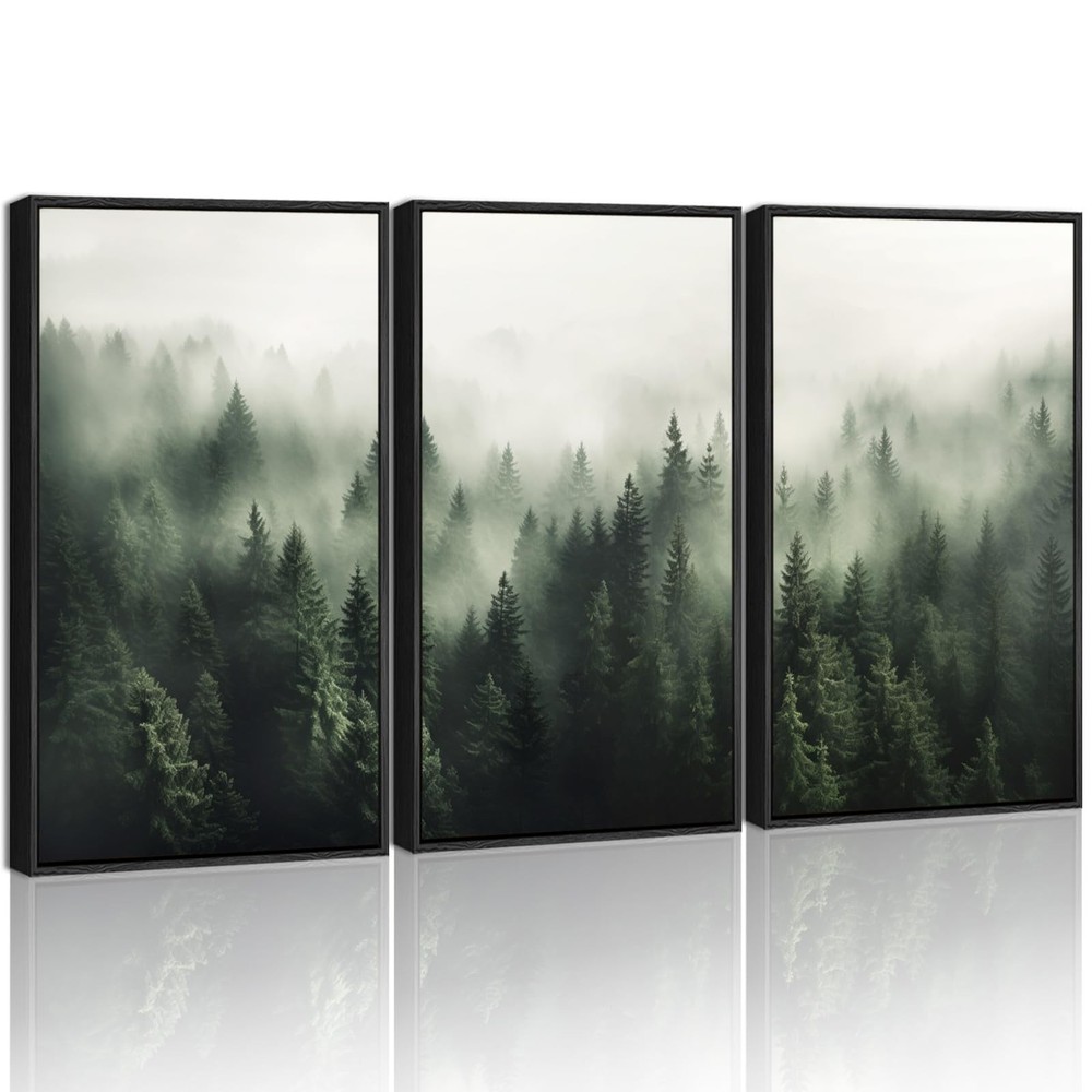 SHENIFY Green Fog Pine Tree Forest Canvas Wall Art 11x14in Framed Nature Mode…