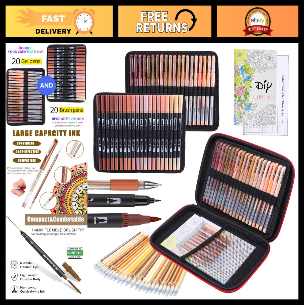 80 Pack Skin Tone Drawing Pen Set – 20 Double Tip Brush & Gel Pens + 40 Refills