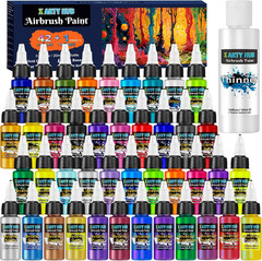 Airbrush Paint – 42 Colors with 4.05 Fl Oz Thinner, Iridescent, Neon and Metalli