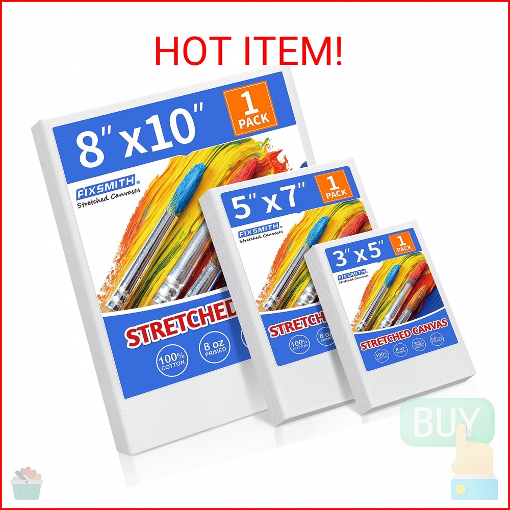 FIXSMITH Stretched Canvas for Painting, 3″x5″, 5″x7″, 8″x10″, Pack of 3, Pre-Pri