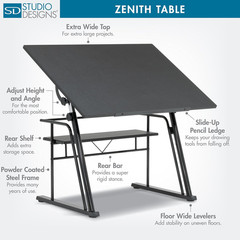 Zenith Adjustable Drafting Table with Shelf – 42″ W x 30″ D, Black