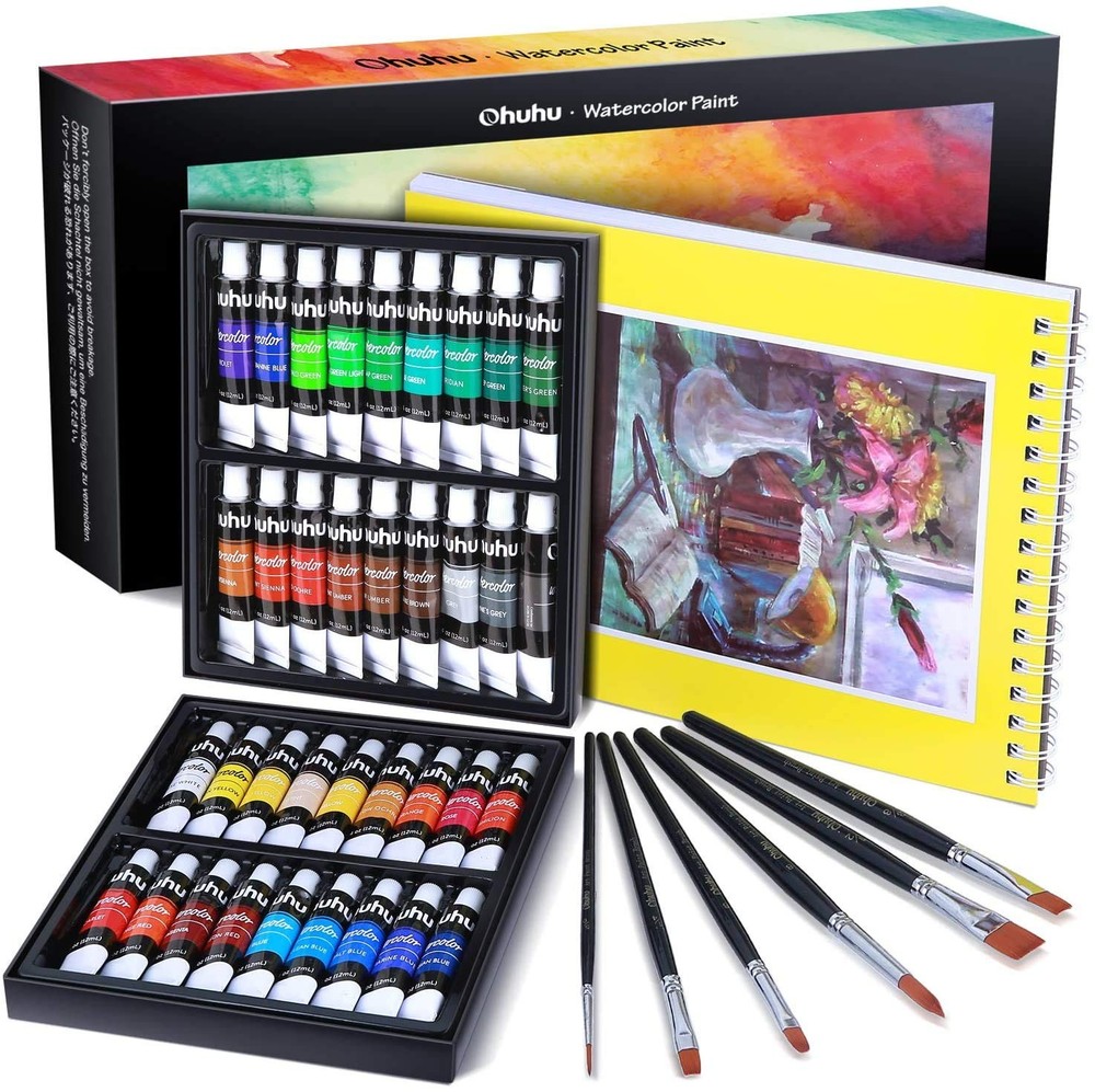 Ohuhu Watercolor Paint Set, 36 Colors, 6 Brushes Included, 12ml