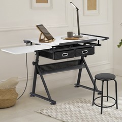 Drafting Table with Wooden Tabletop and Steel Frame Adjustable Height White