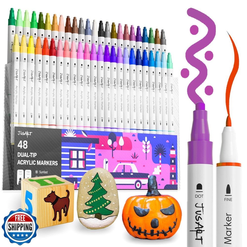 JusArt 48 Colors Dual Tip Acrylic Paint Markers with Dot and Fine Tip, No-Ble