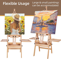 Large Horizontal Wooden H-Frame Studio Easel with Storage Drawer and Palettes, S
