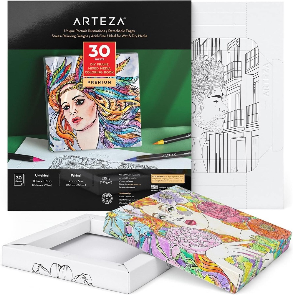 ARTEZA Adult Coloring Book, Portrait Illustrations, 30 Sheets, 10×11.5 Inches, D