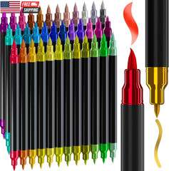 36 Metallic Acrylic Paint Markers – Paint Pens for Drawing, Brush + Fine Tips –