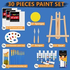 30 Pcs Art Painting Supplies Painting Kits- Acrylic Paint Canvas Easel Set